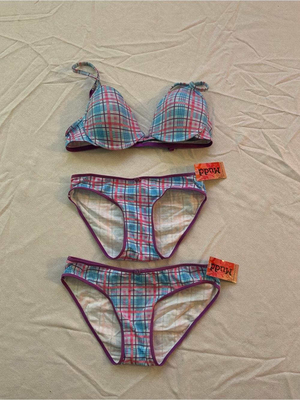 Mudd Pink Blue Plaid Lined Bra and Bikini Set